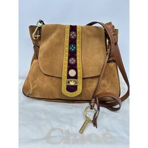 Chloé Lexa Medium Suede‎ Leather Crossbody Shoulder Bag Tan Appliqué Boho Rare